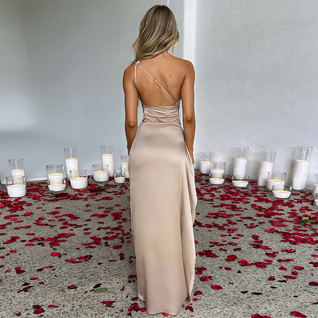 One-shoulder satin dress | Elegant evening dress with high split for special occasions