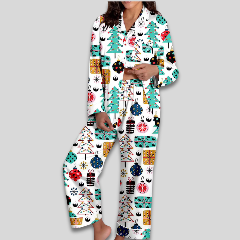Women Cozy Soft Pajama Set - Christmas Button Down Two Piece