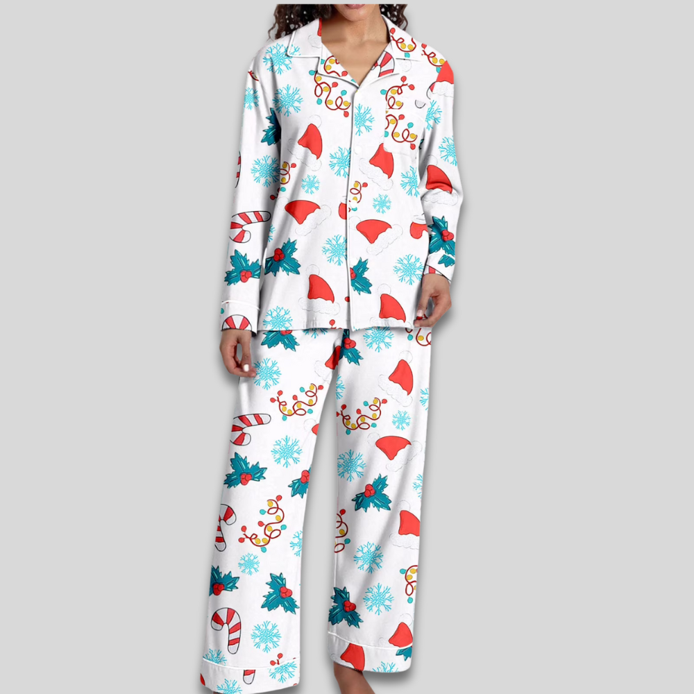 Women Cozy Soft Pajama Set - Christmas Button Down Two Piece