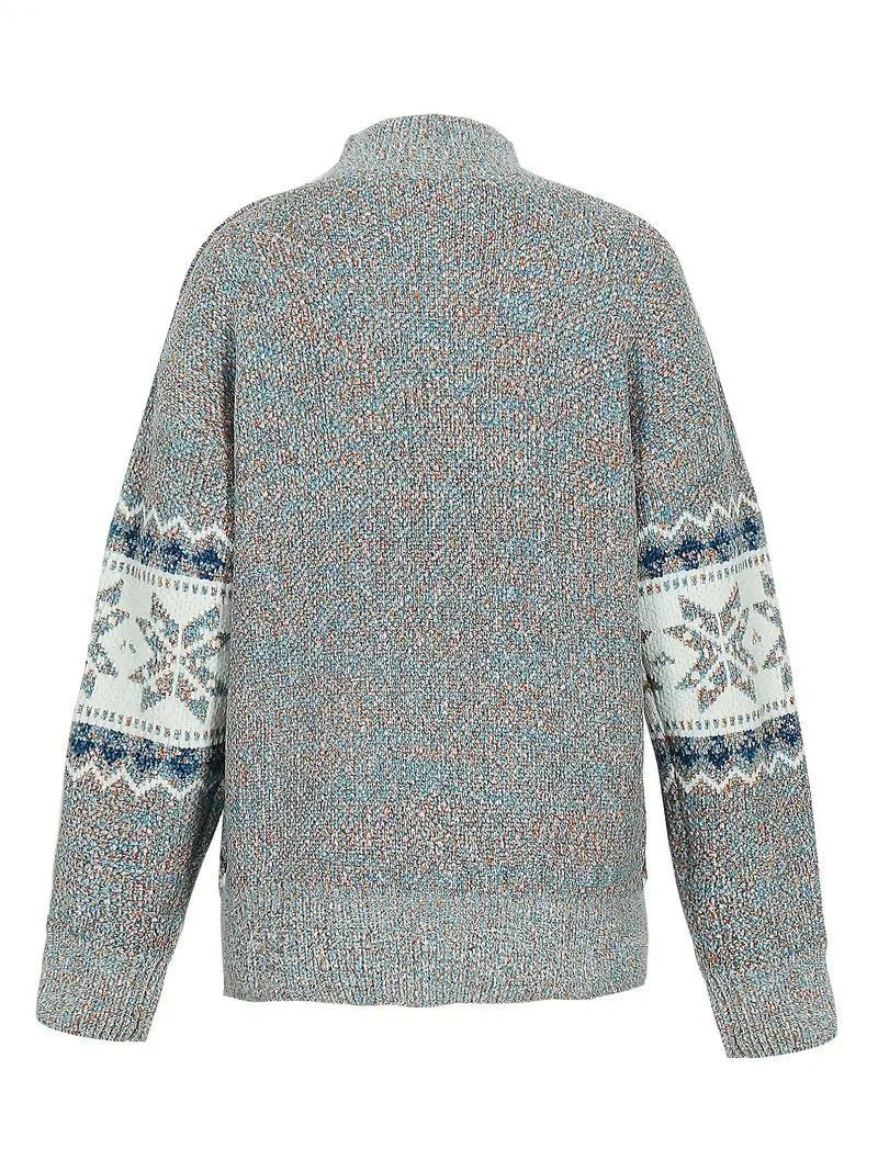 Winter knitted sweater with Norwegian snowflake pattern Warm high neck pullover