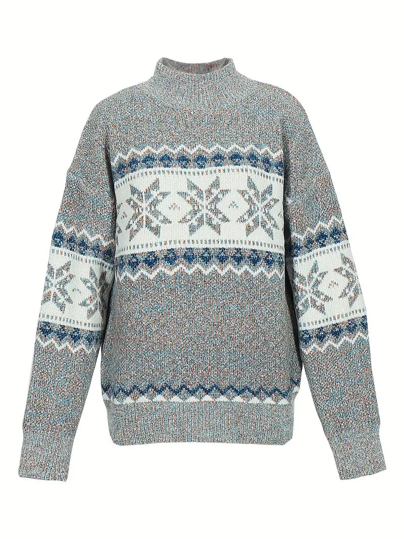 Winter knitted sweater with Norwegian snowflake pattern Warm high neck pullover